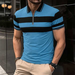 T-shirt zippé pour homme, manches courtes, été, décontracté, respirant, confortable, 100 % coton, avec logo color block sur le devant - Product Image 2