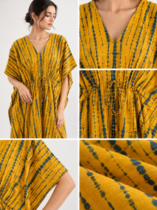 Boho <b>Yellow</b> Tie Dye Cotton Floor-Length Kaftan Maxi Off-Shoulder V-Neck Eco-Friendly Handmade Adjustable Waist Beach <b>Bikini</b> - Product Image 5