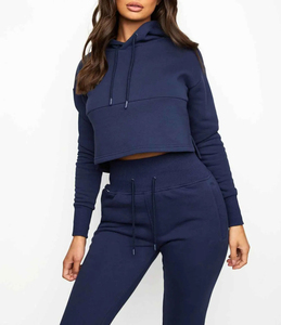 Conjunto Deportivo de Sudadera Corta con Capucha y Pantalones Jogger Azul Marino para Mujer, Manga Larga, Color Sólido, Estilo Casual Otoñal - Product Image 3