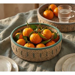 Plateaux et paniers de rangement alimentaire portables en jonc de mer tressé CORDLINE, écologiques, avec accents en cordon cousu - Product Image 6