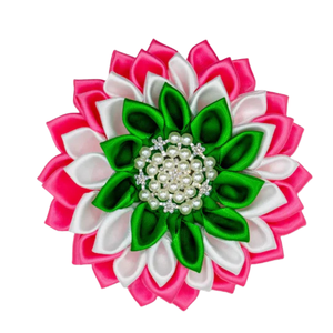 Broche de Flor de Seda Rosa y Verde con Centro de Perlas y Diamantes de Imitación, Elegante Pin de Solapa, Accesorio de Moda para Mujer - Product Image 3