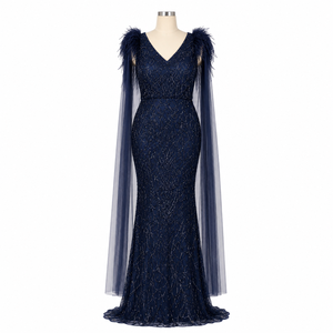 Luxury Feather Shoulder Evening Gown for Women | Beaded Mermaid Dress with Cape Sleeves | Formal Reception Party Wear Couture - Product Image 1