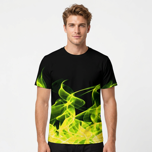 Men's Black Short Sleeve T-<b>Shirt</b> Green Yellow <b>Flame</b> Print Regular Fit O-Neck Knitted Spandex/Polyester Casual Hip Hop Breathable - Product Image 3