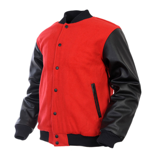 <b>Men's</b> Red Windproof Varsity <b>Jacket</b> Black PU <b>Leather</b> Sleeves Turn-down Collar Casual Style Color Blocking Winter Polyester/Cotton - Product Image 2