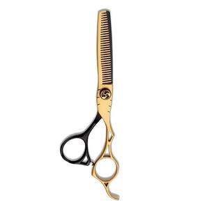 Tijeras de entresacar doradas con mango negro para peluquería, para diestros, hoja de acero inoxidable, mango largo - Product Image 1
