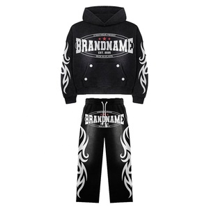 Custom Logo 100% Cotton Acid Wash Sweat <b>Suit</b> Unisex Wide Sweat Pants Track <b>Suits</b> Zip up Hoodie <b>and</b> Jogger Set - Product Image 4