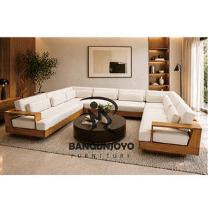 Modern Teak Wood Sectional <b>Sofa</b> Upholstered Lounge Couch Corner <b>Sofa</b> Set for Living Room Hotel Villa - Product Image 1