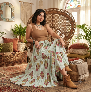 Jupe longue bohème à volants pour femme, bleu clair, imprimé floral, style vintage indien, en coton, jupe gypsy, tenue d'été - Product Image 3