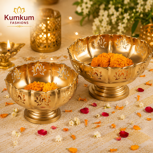 Lotus Urli Diamond Flower Brass Metal Eco-Friendly 3-Piece Handmade Modern <b>Candle</b> Holder Bowl Set Home Wedding Diwali Pooja Diya - Product Image 2