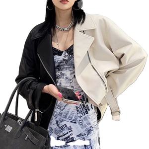 Mode féminine Veste en cuir véritable surdimensionnée patchwork Printemps Automne Mode féminine Frenulum Faux cuir Outwear avec ceinture - Product Image 3