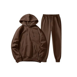 Ensemble de survêtement unisexe marron à capuche, couleur unie, manches longues, pantalon à cordon, 100 % coton, poids moyen, pour l'automne - Product Image 1