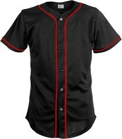 Maillot de baseball unisexe noir avec bordure rouge, manches courtes, respirant, imprimé, en polyester mesh anti-humidité, fermeture boutonnée