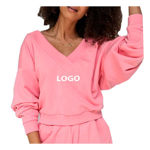Conjunto de Dos Piezas para Mujer, Diseño Nuevo, Cuello en V, 100% Algodón, Felpa Francesa, Top Corto con Hombros Caídos y Pantalones Cortos, Estilo Holgado - Product Image 6