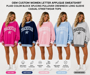 Sudadera Oversize de Algodón Afelpado Rosa Claro Personalizada para Mujer con Apliques a Cuadros y Cuello Alto, Estilo Casual Urbano - Product Image 6