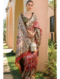 KV Women's <b>Red</b> Kanjivaram Woven <b>Saree</b> With Unstitched Blouse - Product Image 3