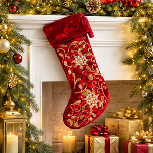 Chaussette de Noël moderne de luxe en velours rouge de 22 pouces avec motif floral complexe et broderie dorée |   Artisanat durable fait main pour les fêtes - Product Image 2