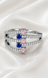 925 Sterling <b>Silver</b> Rhodium Plated Multi-Row CZ <b>Ring</b> with Pink & Blue Stones | Luxury <b>Statement</b> <b>Ring</b> for Women - Product Image 2