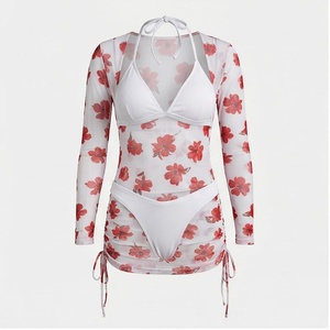 Ensemble tankini 2 pièces à imprimé floral pour femme avec col halter croisé et détail à nouer sur le côté - Product Image 1