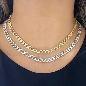 Cuban Curb <b>Chain</b> Link Necklaces 14K 18K Solid Gold Pave Round Lab Grown Diamond <b>Box</b> Clasp 15Inch Layering Modern Luxury Jewelry - Product Image 3