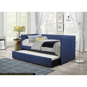 เตียงเดย์เบดหุ้มผ้าสีน้ำเงิน 1 ตัว พร้อมเตียงเสริมแบบดึงออกได้ ตกแต่งด้วยหมุดโลหะ โครงไม้ เฟอร์นิเจอร์เตียงหุ้มผ้า - Product Image 1