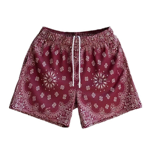 Men's Paisley Print Front Logo Drawstring Shorts <b>Black</b> White Casual Breathable Quick Dry - Product Image 2