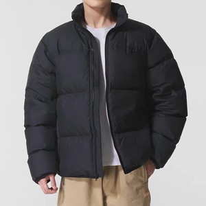 Men's Black Puffer Jacket Windproof Zipper Closure Casual Winter Outerwear Solid Color 100% Polyester Stand Collar - Product Image 1