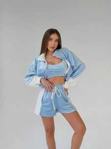 Women Loungewear Tracksuit 2 Piece Set <b>Crop</b> Top and Shorts <b>Jacket</b> Quick Dry Breathable Casual Activewear - Product Image 1