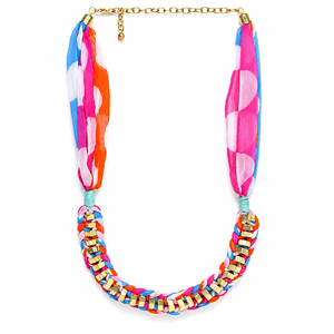 Collar de tela trenzada multicolor con cuentas geométricas en tono dorado y extremos de bufanda, joyería de moda al por mayor para minoristas - Product Image 1
