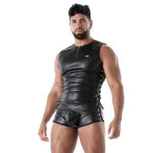 Débardeur en cuir noir style Kinky Laced pour homme, sans manches, pour clubwear, fêtes et mode sexy - Product Image 1