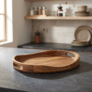Plateau de service en bois d'acacia, plateau ovale en bois poli avec poignées pour la salle à manger - Product Image 1