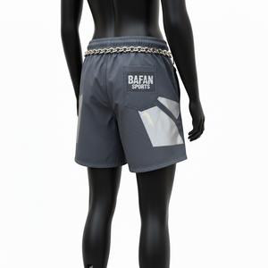 Shorts de Baño Premium para Mujer, 125 GSM, Tela de Poliéster Suave, Color Gris Carbón, Paneles Geométricos Reflectantes, Logotipo Termoadhesivo - Product Image 5