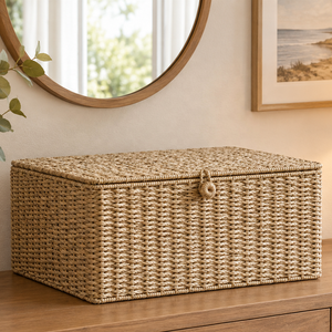 LAVIHEXCO Panier de rangement rectangulaire en jonc de mer tressé à la main avec couvercle, anti-poussière, design moderne pour jouets et décoration intérieure - Product Image 1