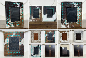 Nuevos marcos de fotos 4x6 De cuero de vaca genuino Hair-on-Hide con costura turquesa decoración y regalos rústicos del hogar occidental - Product Image 5