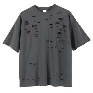 Camiseta Hip Hop Personalizada Extra Grande de 220 g/m², Camiseta Desgastada con Efecto Rasgado, Camiseta Vintage con Lavado Ácido y Hombros Caídos para Hombre - Product Image 1