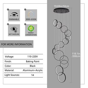 Lampadario LED Moderno a 14 Anelli con Telecomando, Rettangolare Nero per Soffitti Alti, Ingressi, Foyer, Scale e Grandi Ambienti - Product Image 2