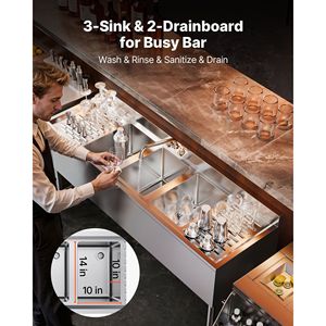 Lavello Commerciale in Acciaio Inox 304 Calibro 18 con 3 Scomparti e Vasca 25x35x25 cm, Doppio Scarico per Bar - Product Image 4