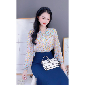 Blusa de Manga Larga con Estampado Floral para Mujer, Cuello con Volantes Plisados, Botones al Frente, para Oficina y Venta al por Mayor para Boutiques - Product Image 2