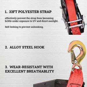 Verricello per Rimorchio Barca Resistente da 3500 libbre, Cinghia in Poliestere Rossa da 33 Piedi, Verricello Manuale Portatile a Cricchetto Bidirezionale - Product Image 4