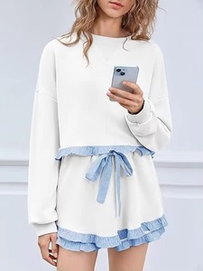 Sudadera Blanca Oversize de Punto Estampada para Mujer con Dobladillo con Volantes Azules, Cuello Redondo, Manga Larga, Estilo Casual Transpirable para Invierno - Product Image 5