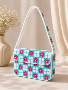Bolso Rectangular Lavable Hecho a Mano con Bordado de Flores Rosas sobre Patrón de Cuadros Azules, Textil de Poliéster para Uso Diario - Product Image 2
