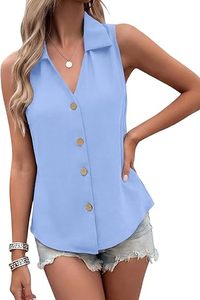 Camiseta sin Mangas de Gasa Azul para Mujer, con Botones al Frente, Cuello Camisero, Estilo Casual - Product Image 2