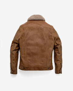 Veste en cuir véritable marron pour homme avec col en fausse fourrure, col rabattable, coupe classique, coupe-vent, style décontracté d'hiver - Product Image 2