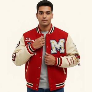 MRI Made Vintage Varsity <b>Jacket</b> <b>Men</b> Red Cream Sleeve Embroidered M <b>Letter</b> Patch Design Baseball Style Turn-down Collar <b>Jackets</b> - Product Image 2