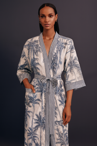 Kimono largo de algodón con estampado artesanal indio para mujer, cuello en V, manga larga, estilo bohemio, para estar en casa o la playa, ideal para primavera. - Product Image 4