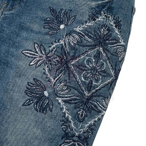 Men's Denim Shorts Straight Leg Mid Waist Embroidered Floral Design Stonewashed Cotton Casual Summer Wear - Product Image 5