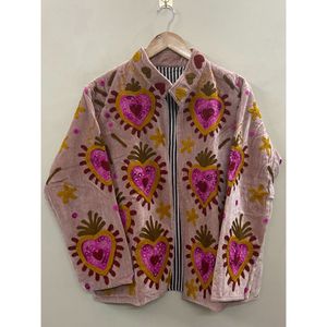 Hand Embroidered Knitted Velvet Cotton <b>Jacket</b> Women <b>Mandarin</b> <b>Collar</b> Full Sleeve Autumn Winter Bohemian Eye Pattern Open Front - Product Image 1