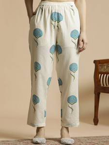 <b>Women</b> Cream Cotton <b>Kurta</b> Set Blue Floral Embroidery Bell Sleeves Regular Fit Knee-Length Quick Dry Digital Print Ethnic Casual - Product Image 3