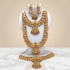 Juego de joyería chapada en oro de 24 quilates con piedras de circonita para mujer, collar, aretes y pulsera de diseño étnico Lakshmi para boda. - Product Image 2