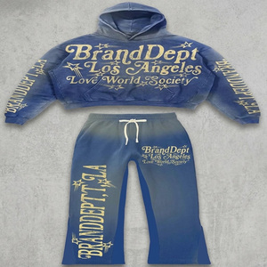Ensembles de survêtements sportifs pour hommes, effet délavé, avec logo personnalisé, sweat à capuche et pantalon de jogging, 2 pièces, été - Product Image 1