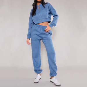 Women Blue Cotton <b>Tracksuit</b> Set Full Length Sweatpants Zipper Hoodie Casual Regular Printed Lightweight Autumn Solid Color - Product Image 1